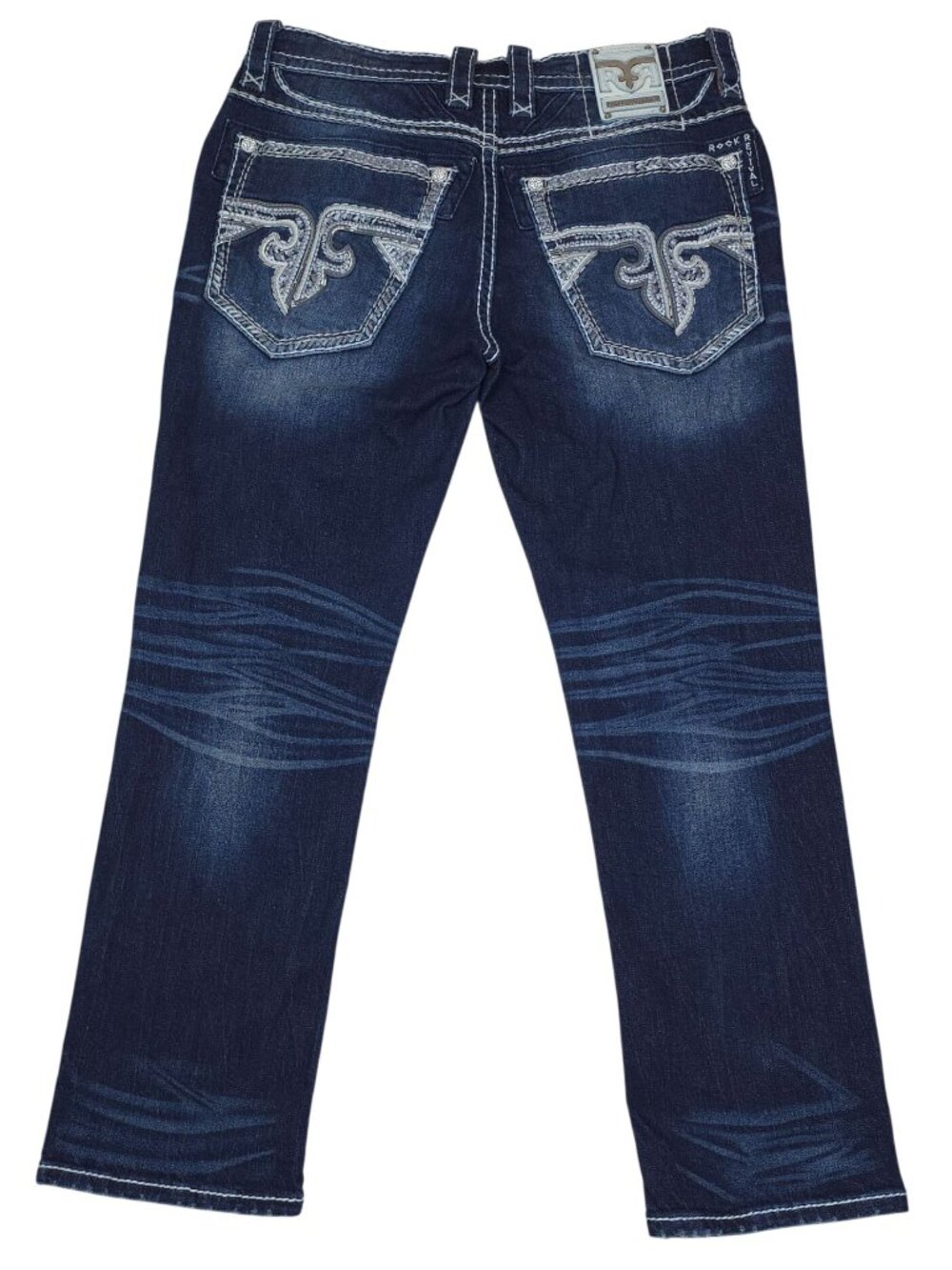 Rock Revival Robin Straight Leg Jeans Men Size 34 x 30 Dark Wash Embroidered